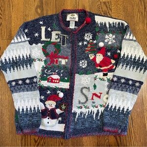 Tiara International Vintage Let It Snow Blue White Red Santa Sweater Size Medium